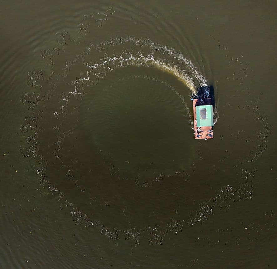 Aerial view of the raft making a turn on the river